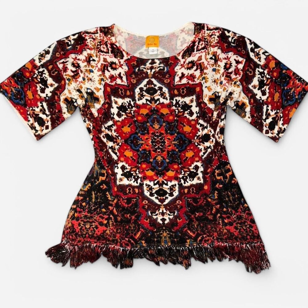 Ruby Rd Red Bohemian Tapestry Short Sleeve Sweater with Bottom Fringe